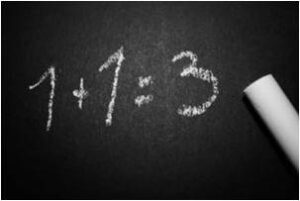 1+1=3 written on a black chalkboard