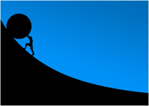 silhouette of a man pushing a large boulder up a hill